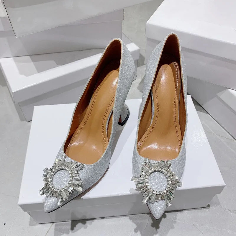 2022 European and American women's pointed satin high-heeled sun buckle rhinestone single shoes