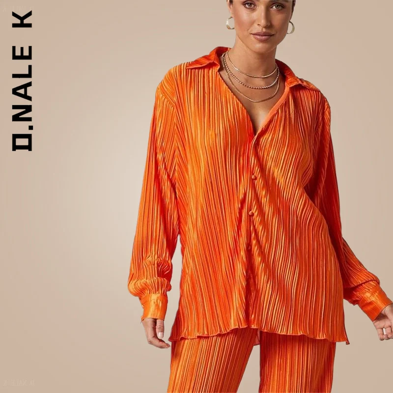 D.Nale K Women Set Fashion Retro Women Tracksuit Simple Long Pants Sets Pleated Long Sleeve 2 Piece Sets Slim Women Suit Female
