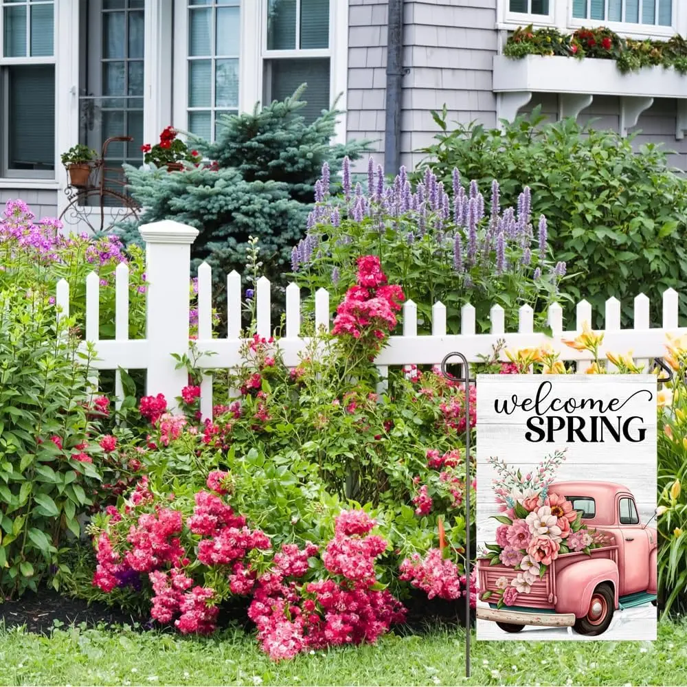 Добро пожаловать весенний розовый грузовик садовый флаг для улицы 12x18 дюймов