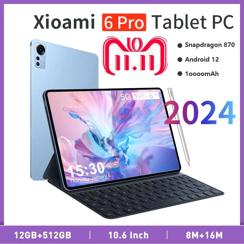 

2024 HD 4K Screen New Global Version Pad 6 Pro Snapdragon 870 Android 12.0 ROM 12GB RAM 512GB Tablet PC 5G Dual SIM Card WIFI