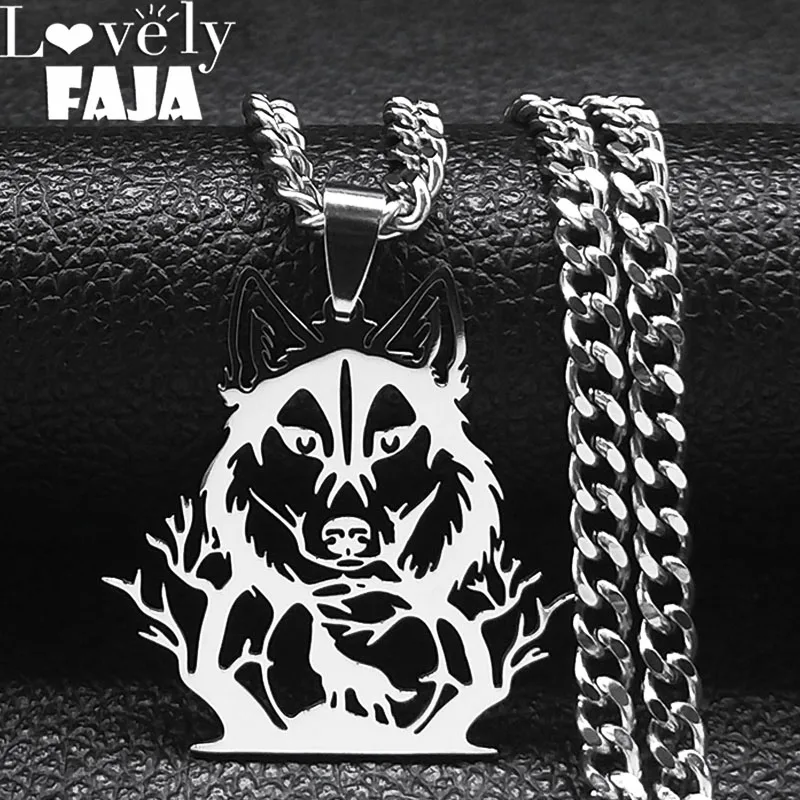 

Wicca Wolf Head Tree of Life Pendant Necklace Stainless Steel Nordic Hollow Silver Color Animal Choker Necklaces Jewelry N6099S0