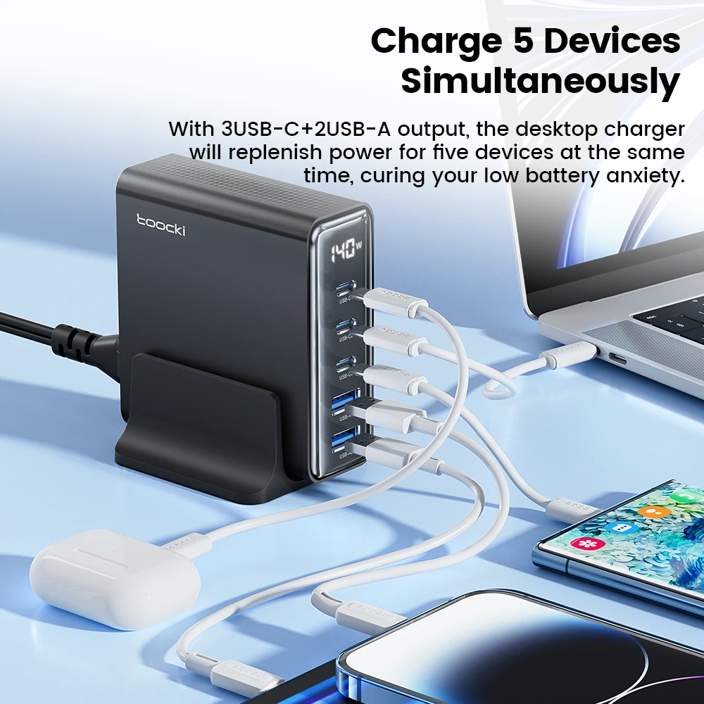 Toocki 140W GaN Charger 5 Ports USB Type C PD3.1 QC4.0 Fast Charge For Macbook Tablet Phone Charger for iPhone 14 13 Xiaomi iPad