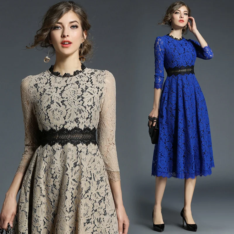 

Runway Design Vogue Floral Embroidery Spring Summer Tunic Party Lace Dresses Vintage Elegant Women Midi Long A Line Blue Dress