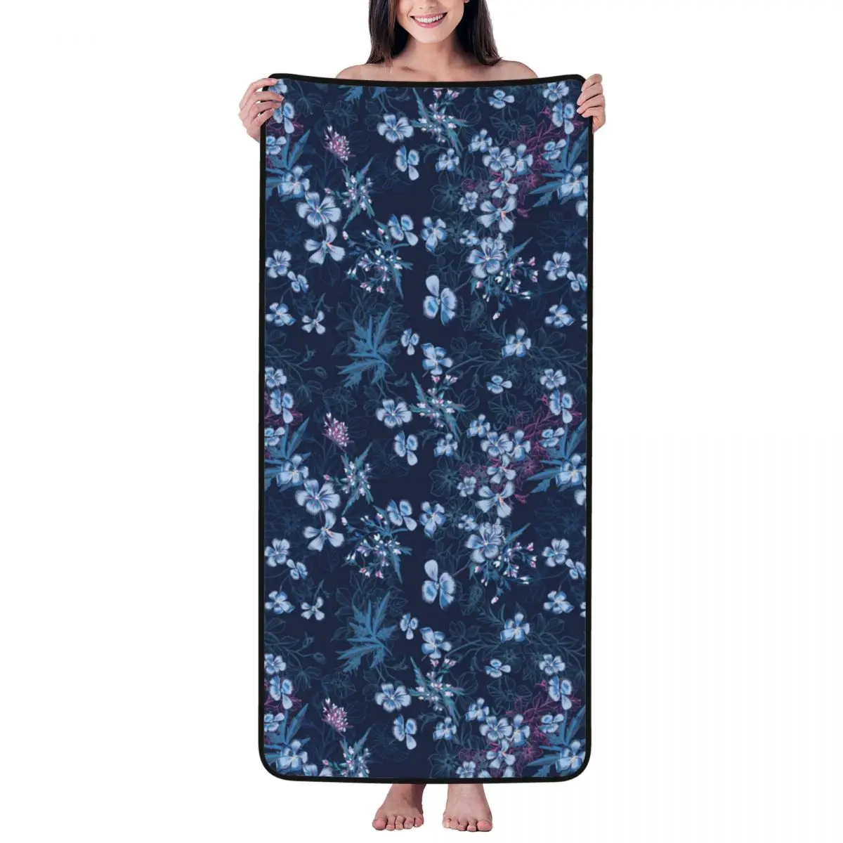 

Hand Drawn Blue Flowers Beach Towel for Adult Kids Microfiber Bath Towel Blanket for Camping Swim Pool Travel Beach Gym