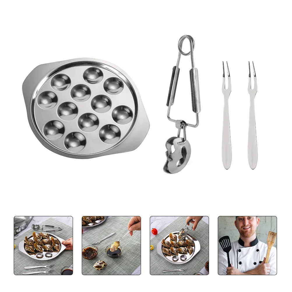 

Escargot Plate Dish Snail Serving Oyster Dishes Steel Baking Tongs Cooking Mushroom Stainless Conch Seafood Shell Tray Fork Set