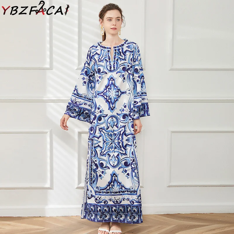 

Женское модельное платье свободного покроя, длинное платье с бело-синим фарфоровым цветочным принтом, богемное платье с Боковым Разрезом, о...