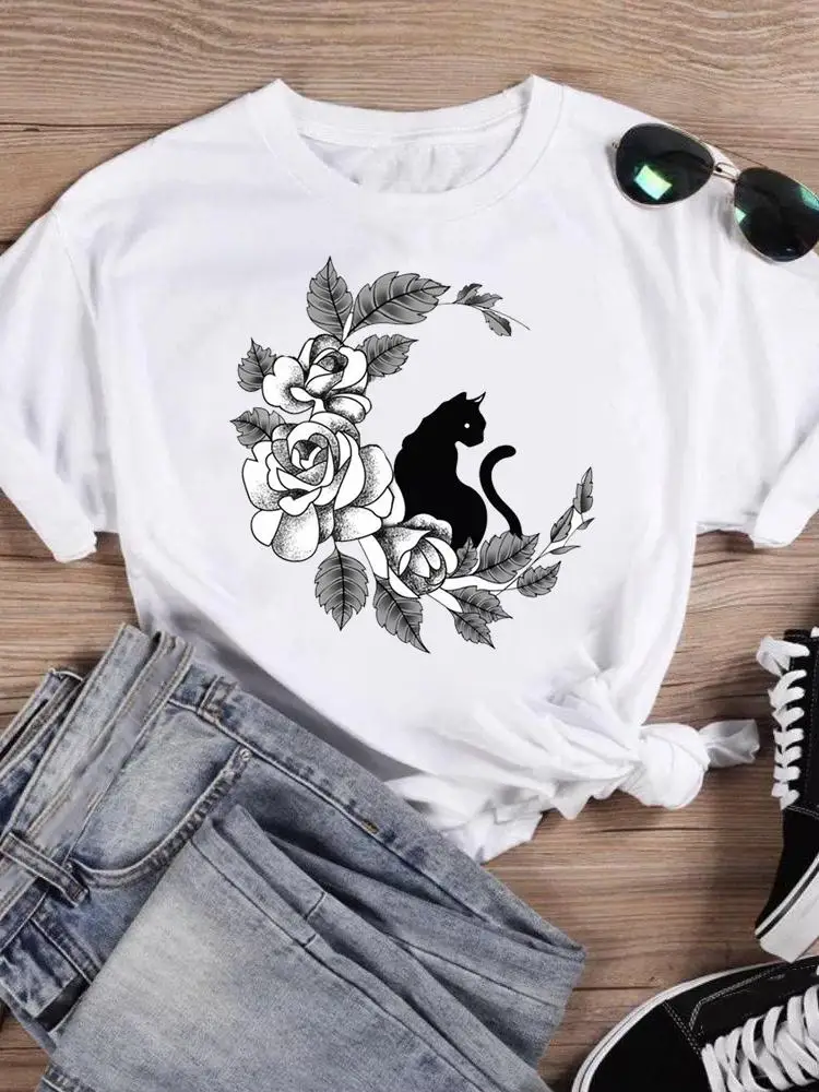 

Женская футболка с коротким рукавом, принтом кота и цветов, в стиле 90-х