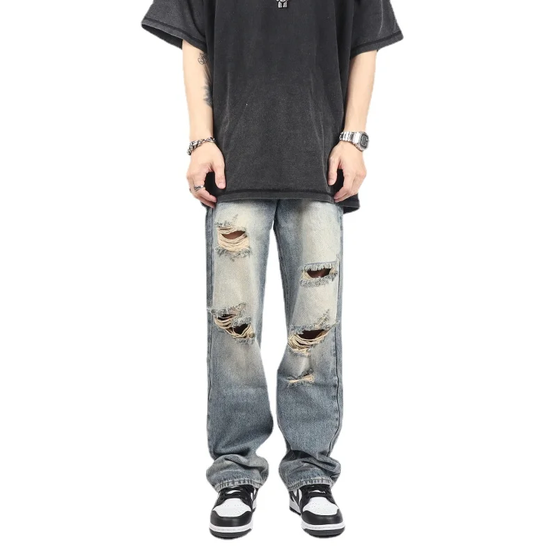 Streetwear Mens Jeans Straight Retro Loose Hole Fashion Full Length Trousers Ripped Jeans Pantalones Vaqueros Hombre