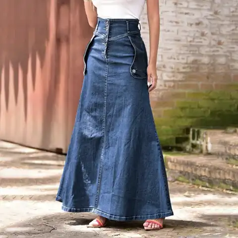Patchwork Women's Denim Skirt Y2K Loose Elegant High Waist Casual A-Line Skirt 2023 Fashion Street XL Mom Long Dress
