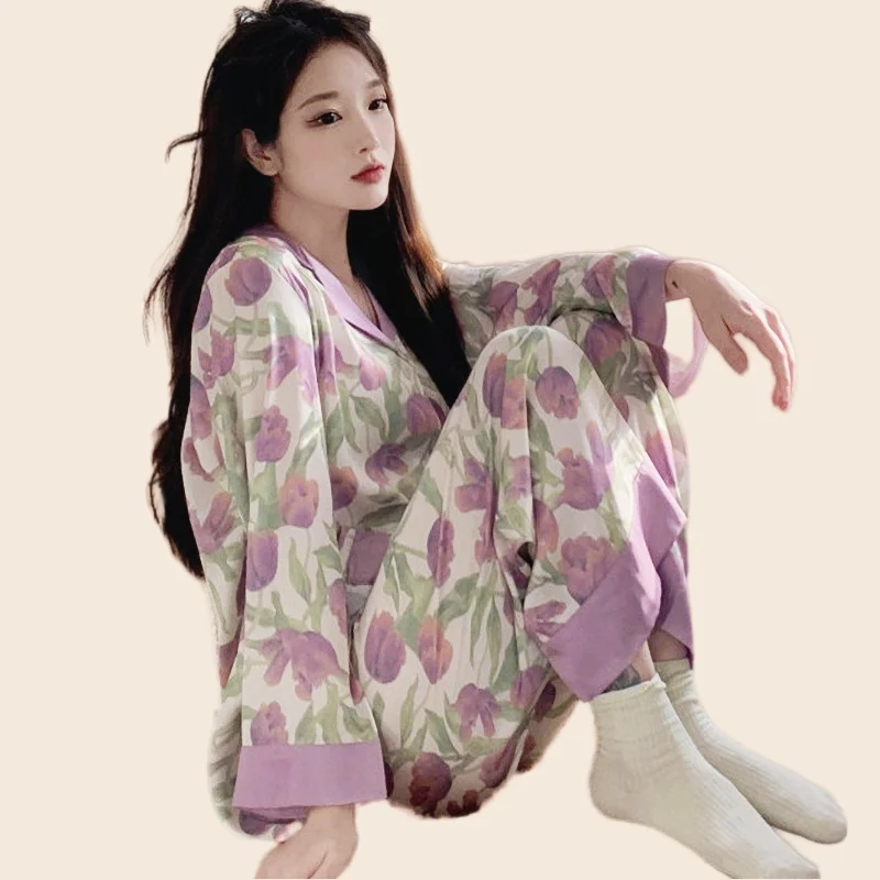 Purple kawaii Pajamas For Women Rayon Pajama Pants Sexy Tulip Flower Nighty Clothes T-Shirt Long Pants  Homewear Cozy Big Size
