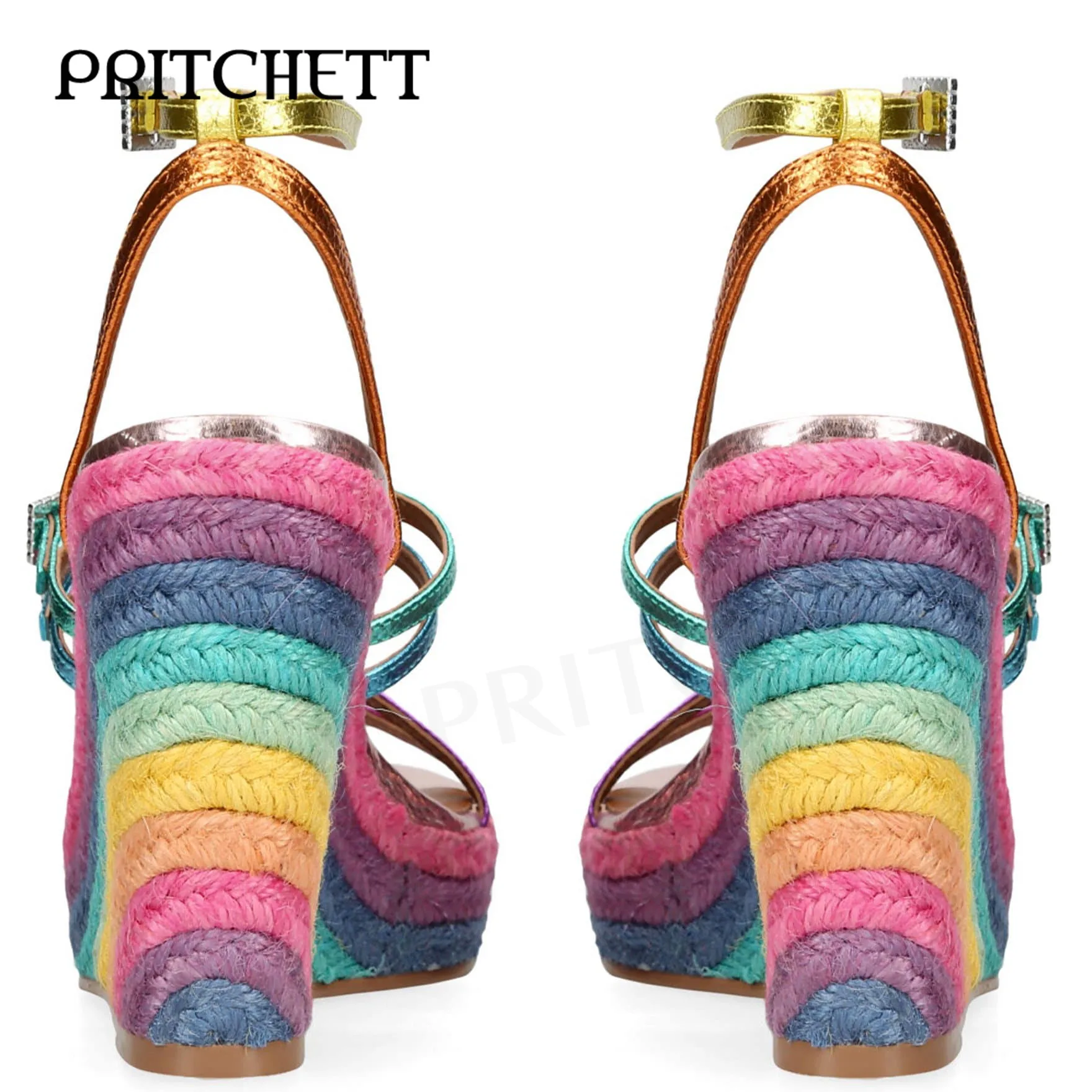 Rainbow-Print Espadrille Leather Wedges Sandals Silver Gemstone Buckle Strap Sandals Ankle Button Buckle Fashion Ladies Shoes