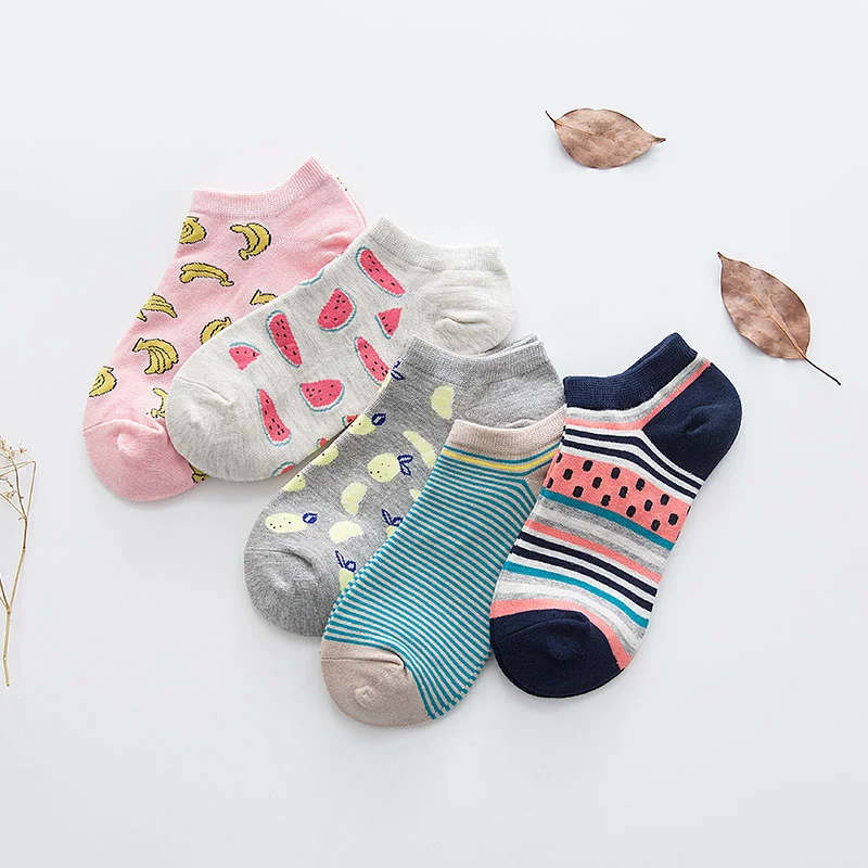 New 5 Pairs/lot Spring Women Cotton Socks Set Cute Cartoon Animal Fruit Casual Girls Short Sock Slippers Harajuku Size 34-40
