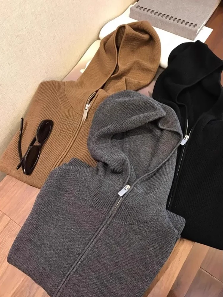 Осенне-зимний серый высококачественный флисовый вязаный кардиган с капюшоном