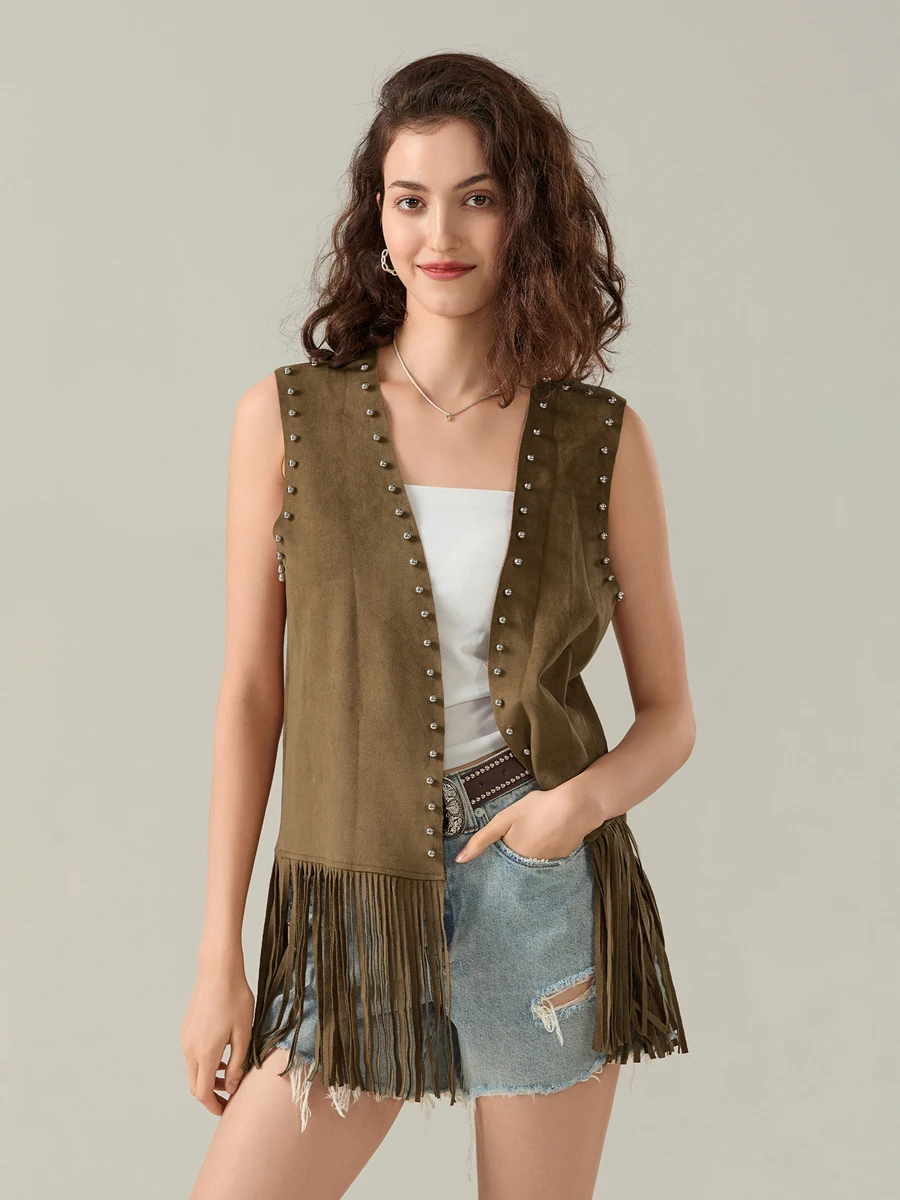 wsevypo женский жилет без рукавов с кисточками по подолу в уличном стиле заклепками