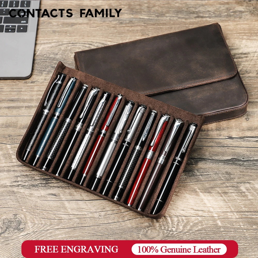 Luxury Genuine Leather 12 Slots Fountain Pen Case Box Office School Stationery Pen Storage Pouch Holder with Removable Pen Tray