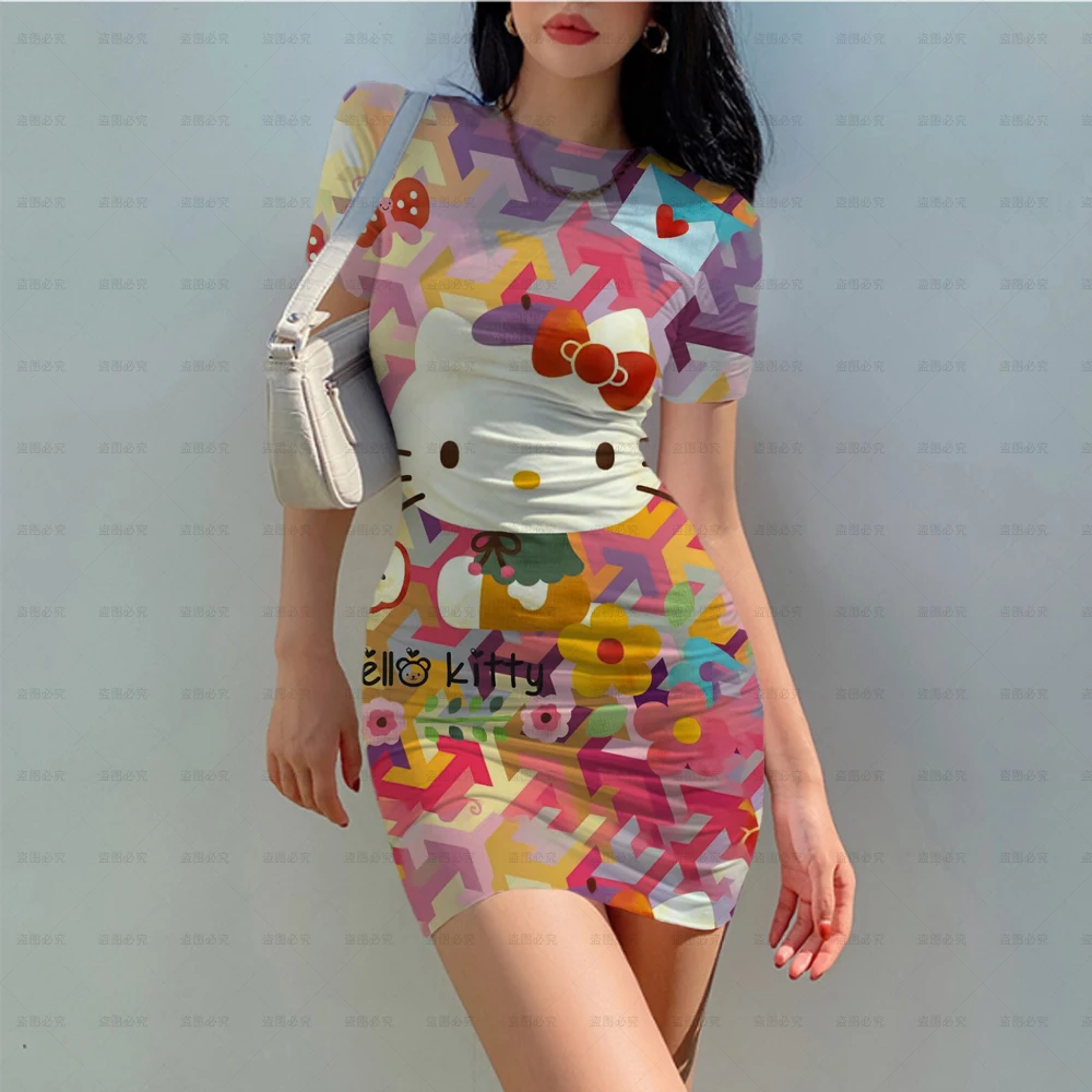 

2022 New Kawaii Hello Kitty Print O Neck Skinny Mini Dress Basic Women Summer Short Sleeve Party Sexy Clubwear Resort Dress Y2K