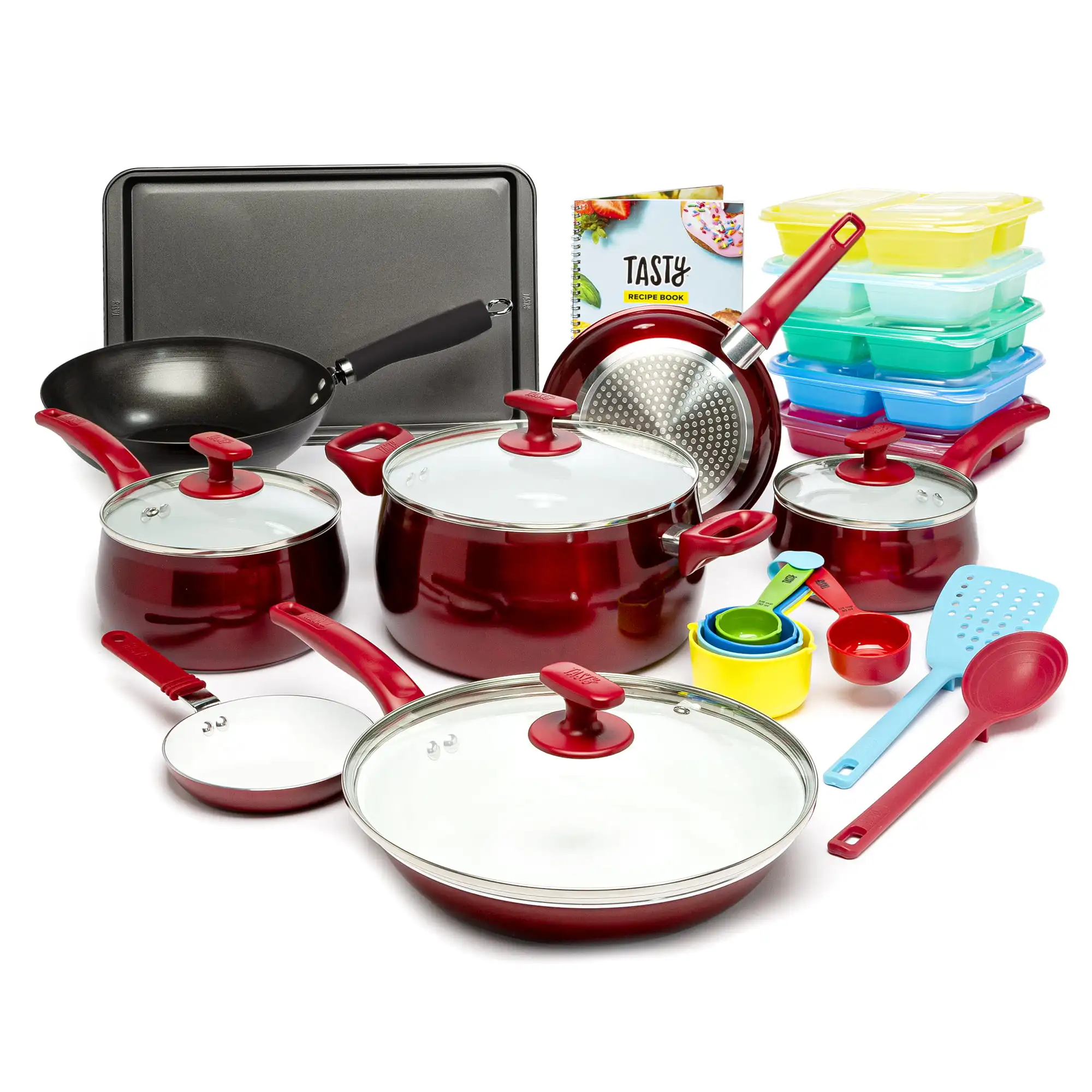 

24 Piece Ceramic Non-Stick Cookware Set, Dishwasher Safe, Red
