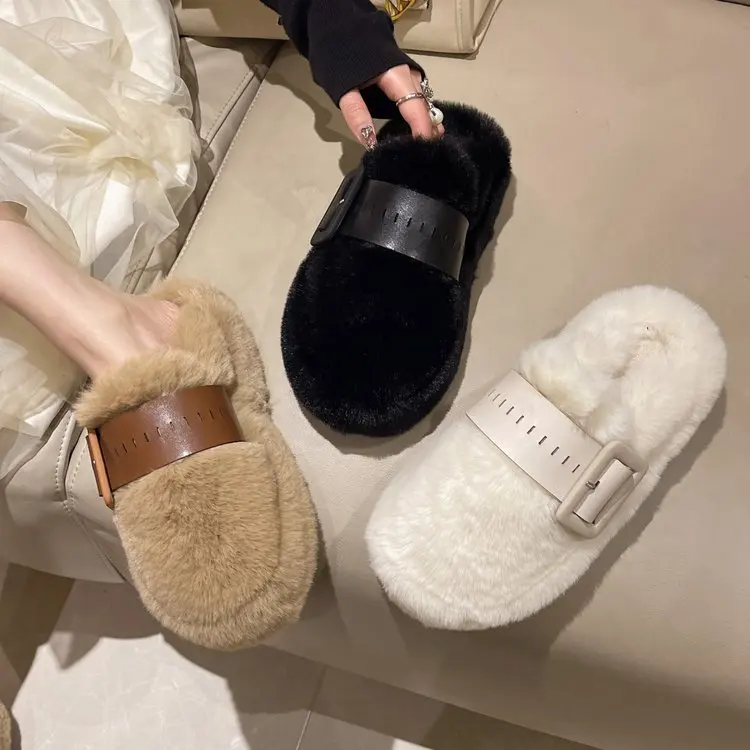 

Flat Shoes Female Plush Slippers For Adults Med Winter Footwear Cover Toe Slipers Women Flock Slides Fur 2022 Fabric PU Basic Ru