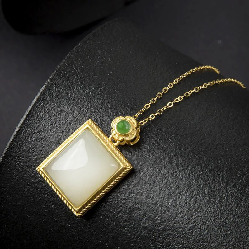 

New Design New Inlaid Natural Hetian Jade Rectangular Necklace Ladies Pendant Palace Style Luxury Silver Jewelry