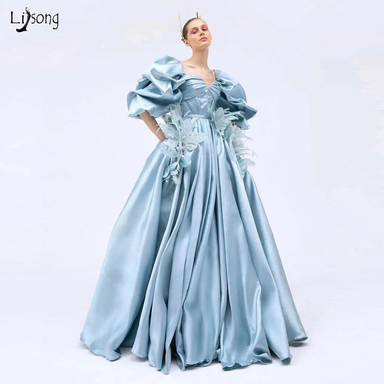 

Pretty Sky Blue Floral Satin Evening Dresses 2022 With Pocket Puffy Half Sleeves 3D Flower A-line Long Evening Gowns