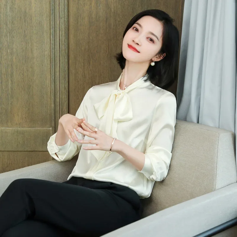 Новая рубашка из натурального шелкового атласа женская блузка шелка с длинными