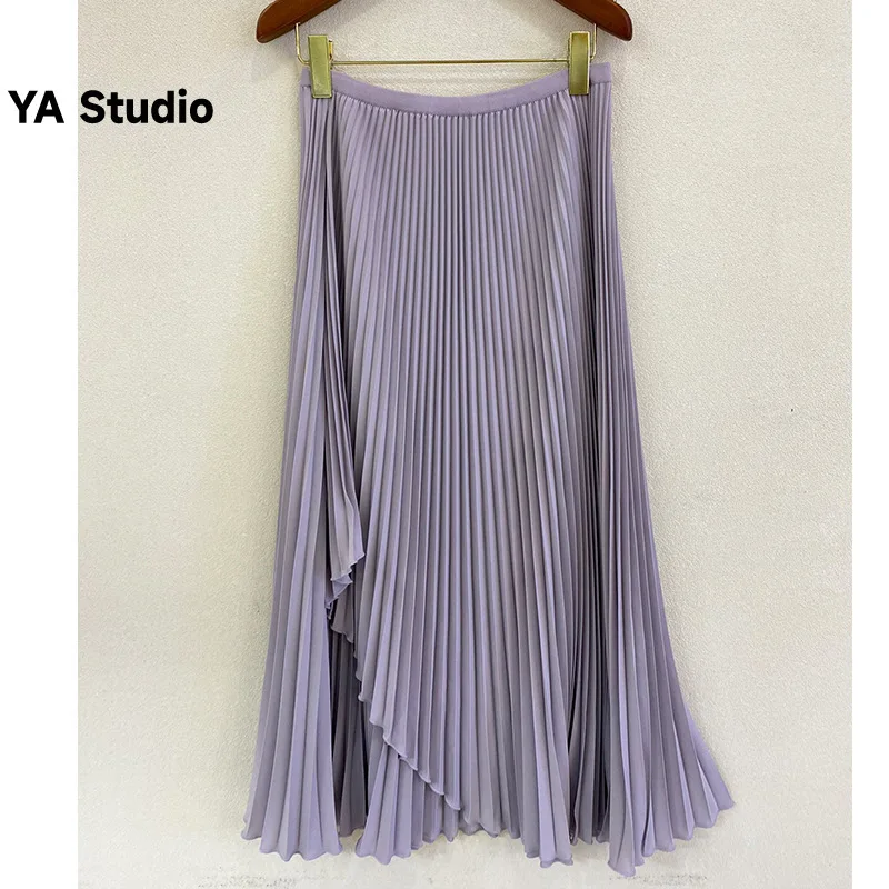 

[YA Studio] Women Irregular Pleated Skirt Summer Elastic High Waist Female Long Skirts 2023 Spring Summer New Arrivals