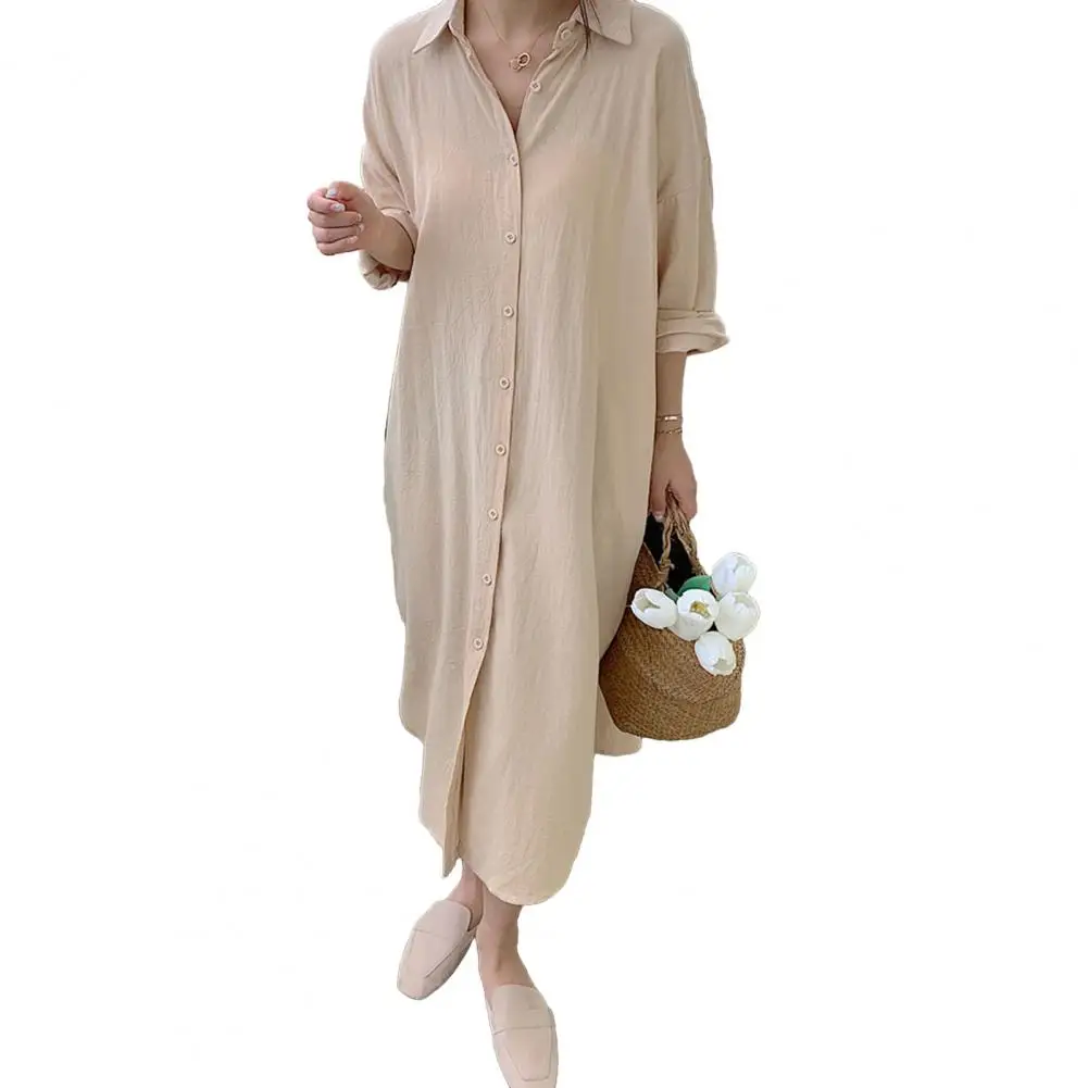 

Popular Midi Dress Long Sleeve Buttons Placket Pure Color Long Sleeve Midi Dress Lightweight Women Dress Streetwear