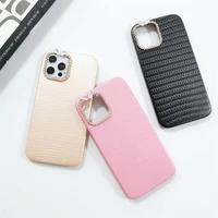 leather 3d diamond encrusted lens protector hard phone case for iphone 13 12 11 pro xs max x xr 7 8 plus luxury plain back cover
