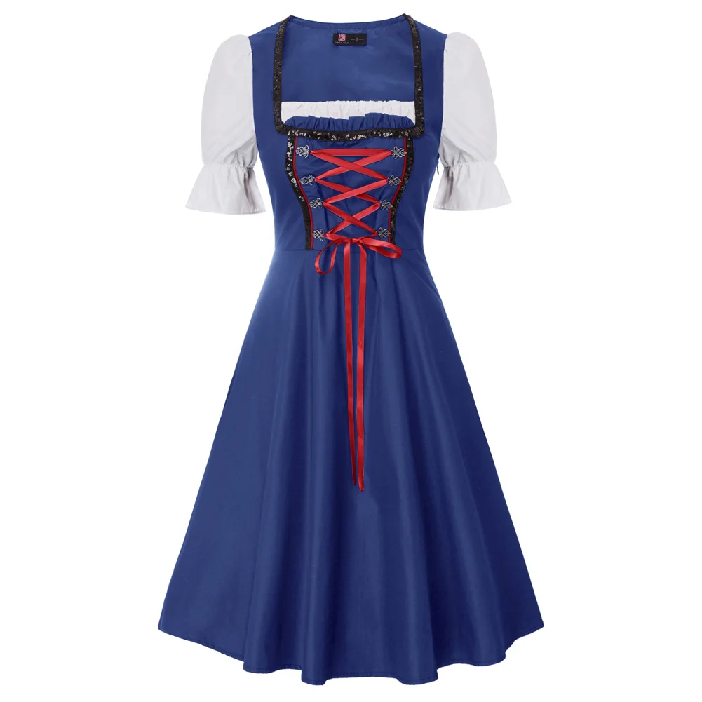 

KK Summer Dress 2022 Vintage Splicing 2pcs Set Korean Style German Bavarian Oktoberfest Costumes 1/2 Sleeve Dress+Apron