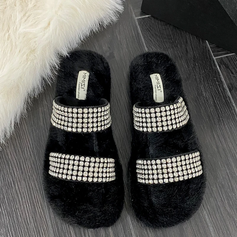 

Warm Female Home Cotton Shoes Ladies Fur Slippers Women Flip Flops New 2022 Furry Indoor Luxury Rhinestones Slides Outside Flats