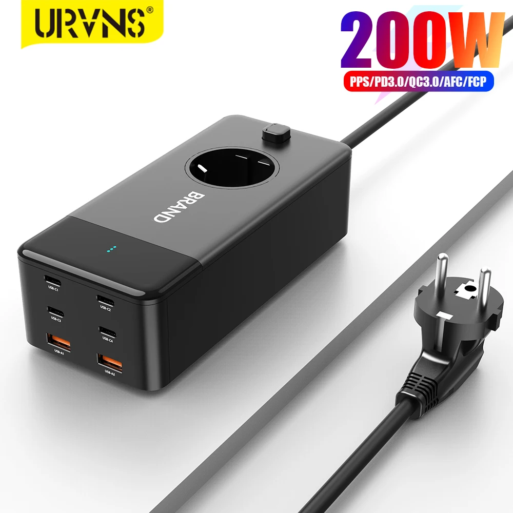 

URVNS GaN USB C Charger 200W, 7-in-1 Fast Charging Station Power Strip with 1 Outlet, 4 USB-C PD, 2 USB Ports for MacBook iPhone