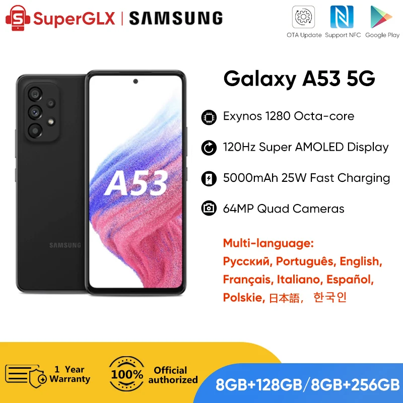 Original Samsung Galaxy A53 5G Smartphone Android Exynos 1280 Octa-core 120Hz Super AMOLED 5000mAh 25W Fast Charge Mobile Phone