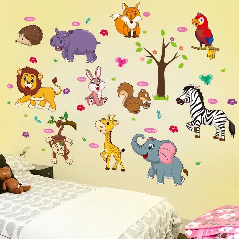 

[shijuekongjian] Cartoon Animals Wall Stickers DIY Lion Tiger Monkey Mural Decals for Kids Room Baby Bedroom Home Decoration