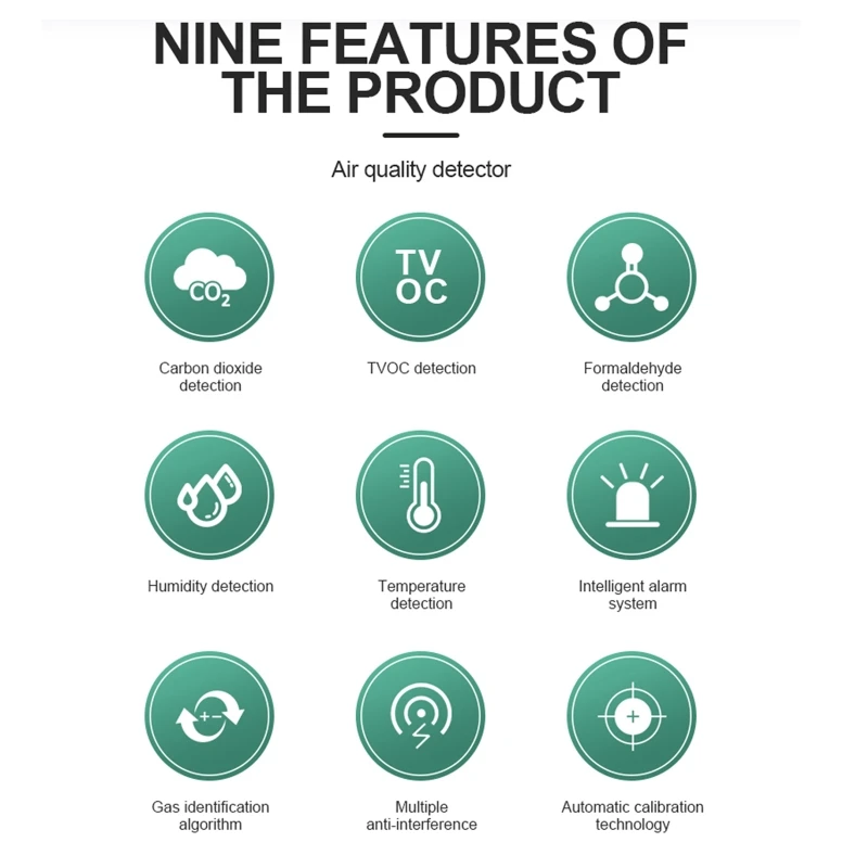 

Air Quality Monitor Indoor CO2 Detector Air Pollution Meter TVOC HCHO Tester