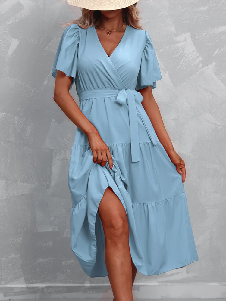 

Women V Neck High Waist Lace-up Draped Party Dress Summer Casual Solid Short Sleeve Long Dress New Elegant A-Line Slim Hem Dress