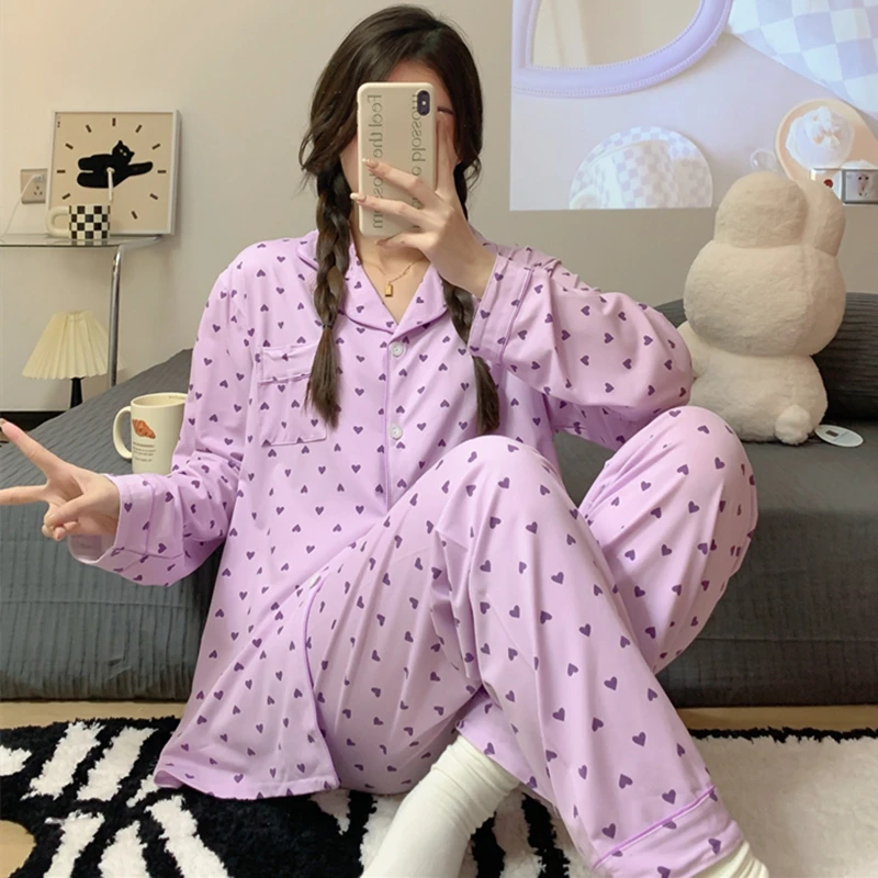 Spring Autumn Women Fashion Lapel Pajamas Faux Cotton Soft Long Sleepwear Stes