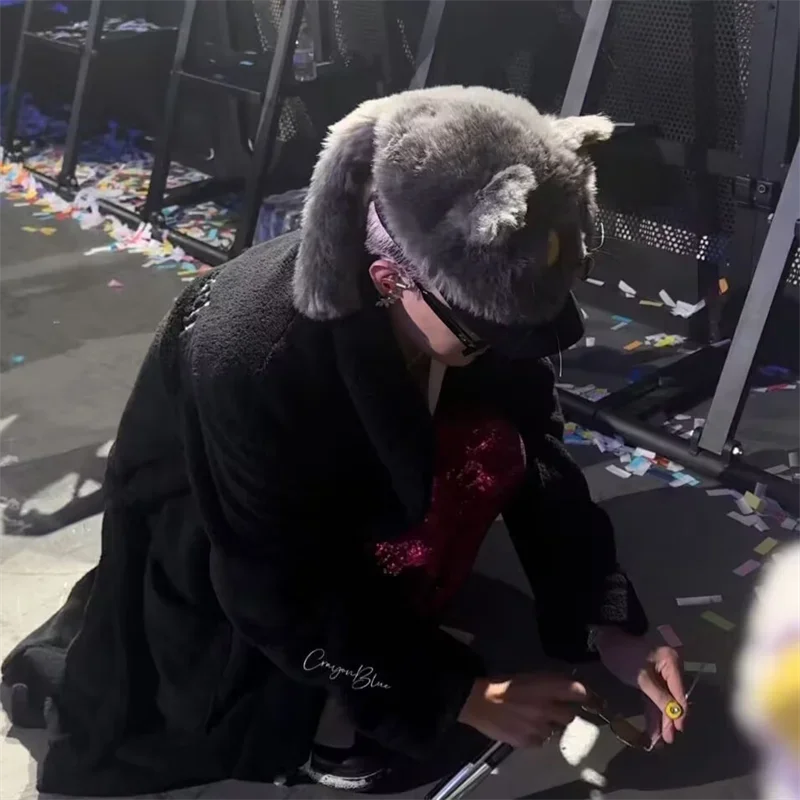 Кепка HOT Kpop Bigbang GD Same Плюшевая шляпа Концертная G-DRAGON Серые кошки Серьги Волокна Милые животные Унисекс Хип-хоп Панама Подарок (art.: 3920d09f4db63) - 3920d09f4db63