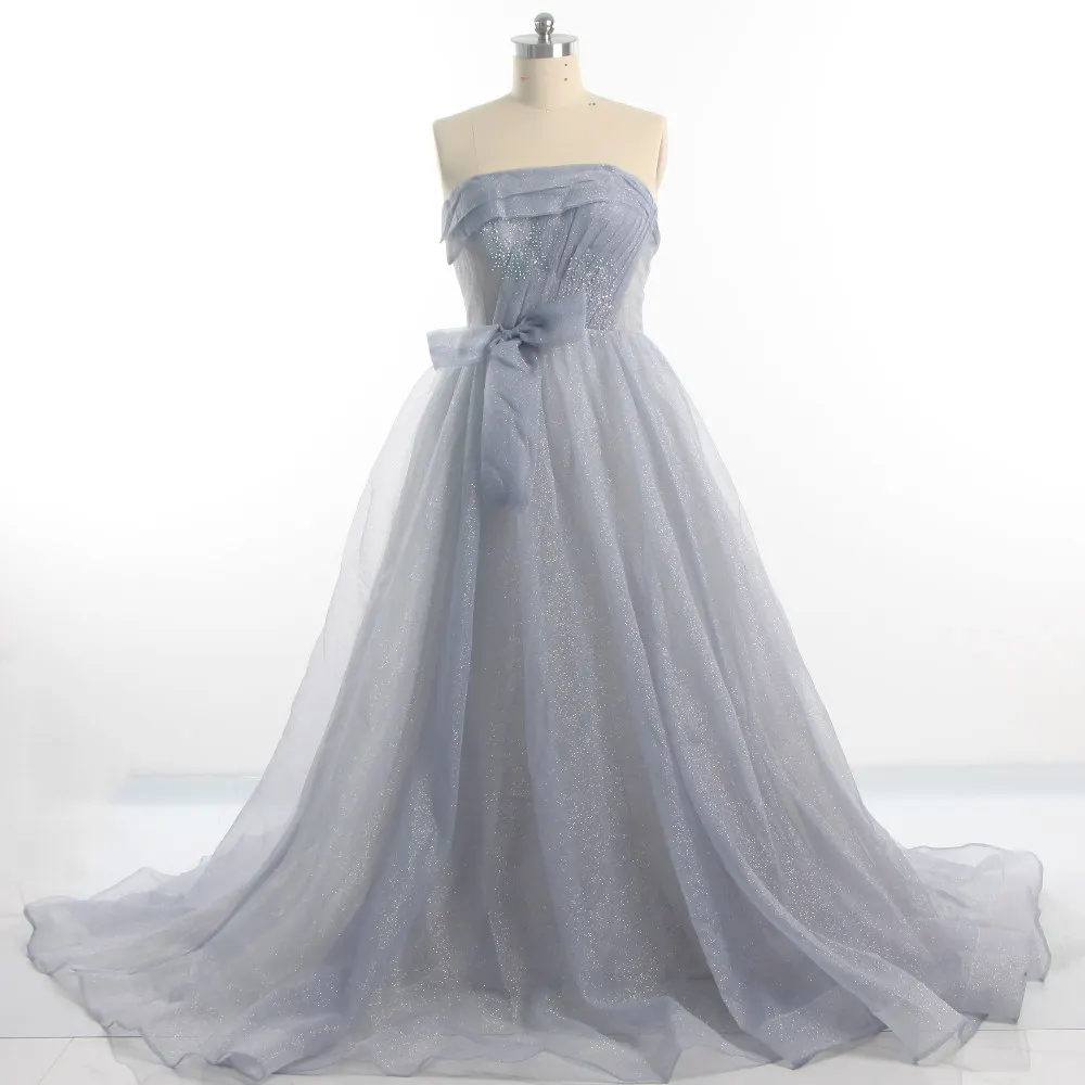 

Evening Dresses Simple Gray Strapless Bling A-line Floor Length Sleeveless Plus size Lace up Women Party Formal Dress 2022 B987