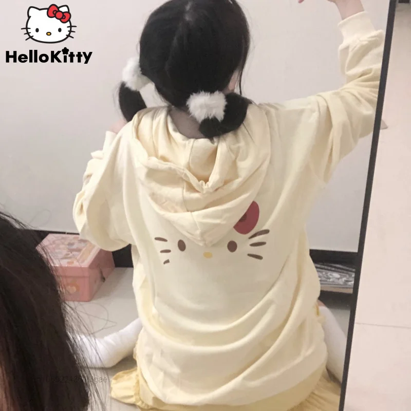 Sanrio Hello Kitty Apricot Cute Clothes Women Spring Thin Hoodies Y2k Japan Korean Style Cardigan Top Shirts Trendy Sweatshirts