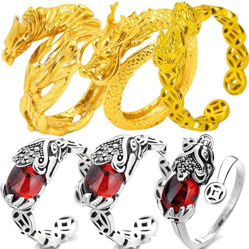 

Lucky Pixiu Ruby Ring Women Men Vintage Ancient Silver Opening Adjustable Rings Feng Shui Amulet Bring Wealth Good Luck Jewelry