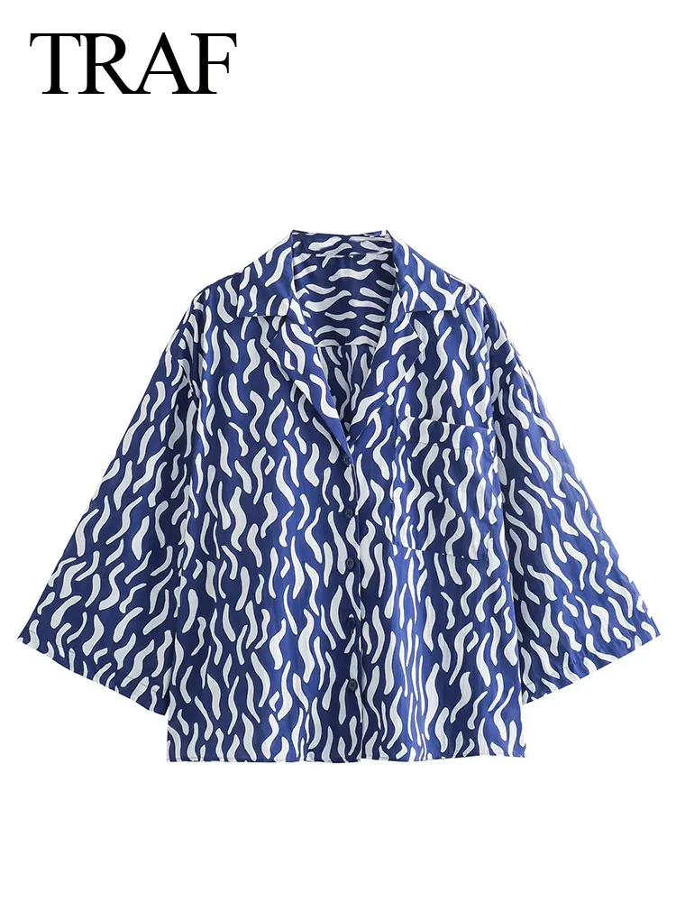 

TRAF Women Fashion Blouses 2023 Print Turn Down Collar Long Sleeve Loose Cropped Shirt Female Casual Streetwear Mujer Shirts