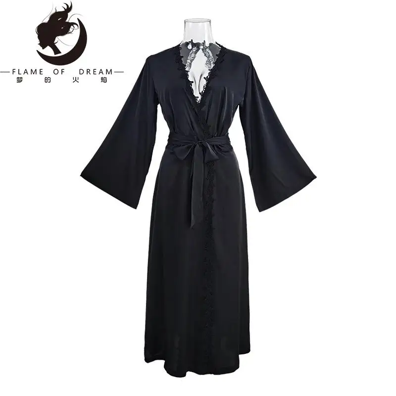New Sexy Nightgown Long Bathrobe Pajamas Women's Long Sleeve Backless Ladies Satin Home Clothing 3072