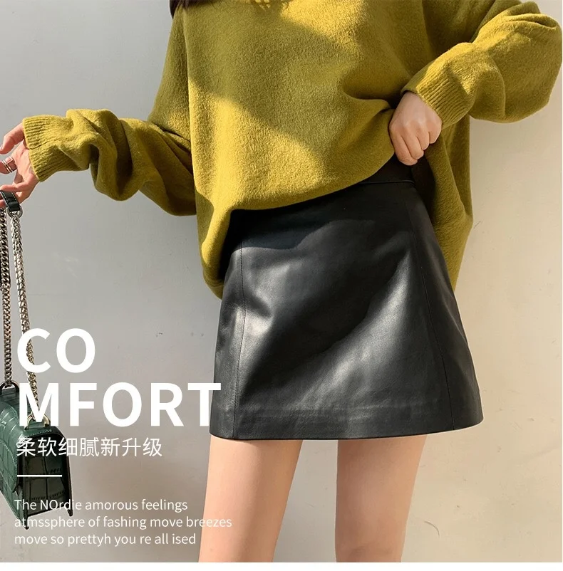 

2023 Sheepskin Women Leather Skirt New High Waist A 2023 Skirt Spring and Autumn Slim Skirt Genuine Leather Shorts Boots