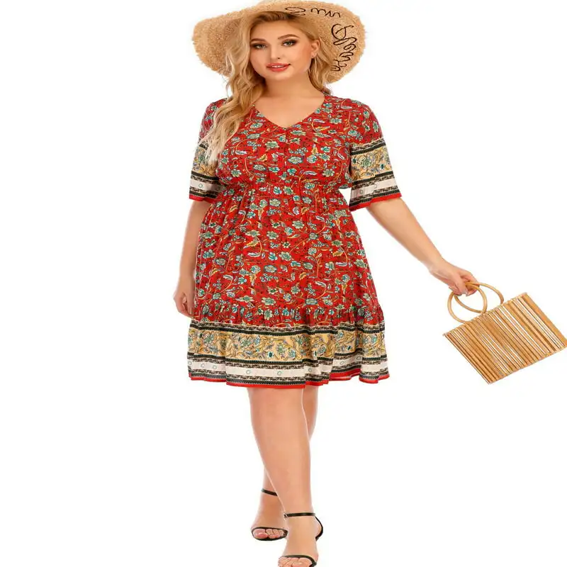 

Plus Size Floral Dress Elastic High Waist Casual Boho Vacation Dress 3XL/US18 （one size smaller）