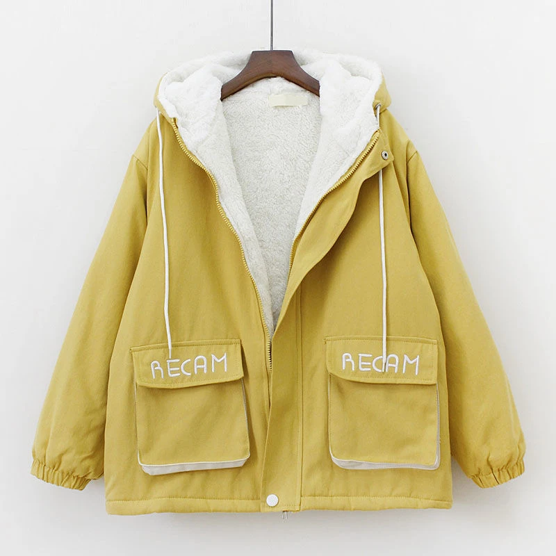Women Korean Harajuku Hooded Loose Warm Coats Autumn Winter Plus Velvet Thickening Tooling Jackets Pocket Letter Printing Coat