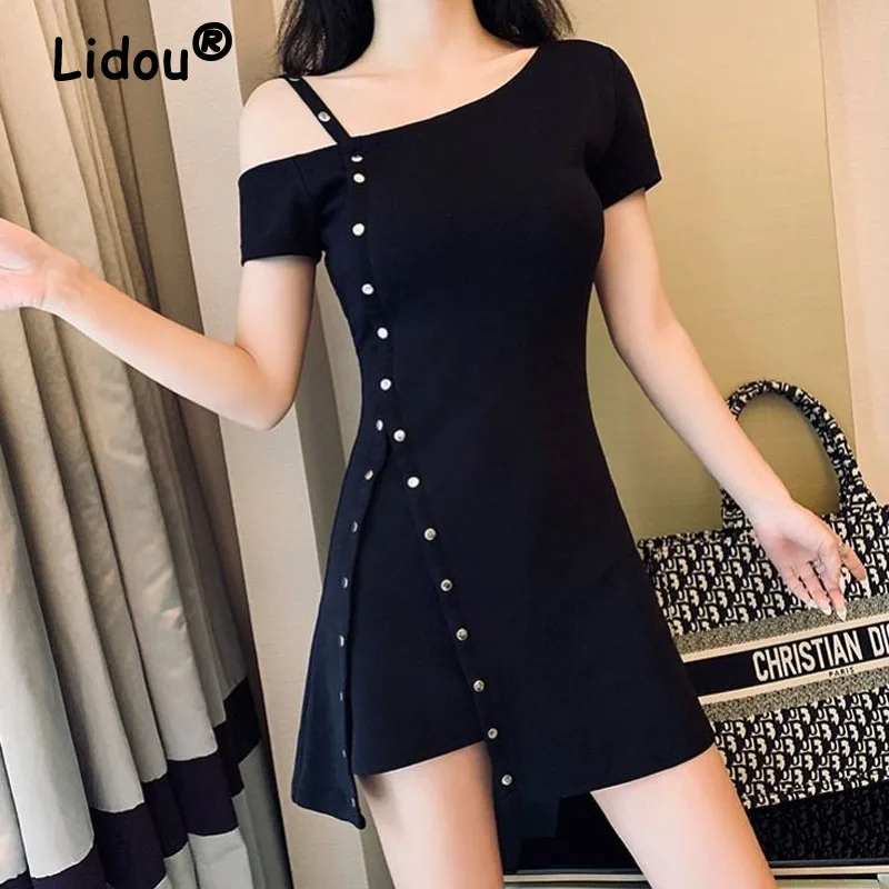 Женское повседневное мини-платье на пуговицах черное элегантное приталенное