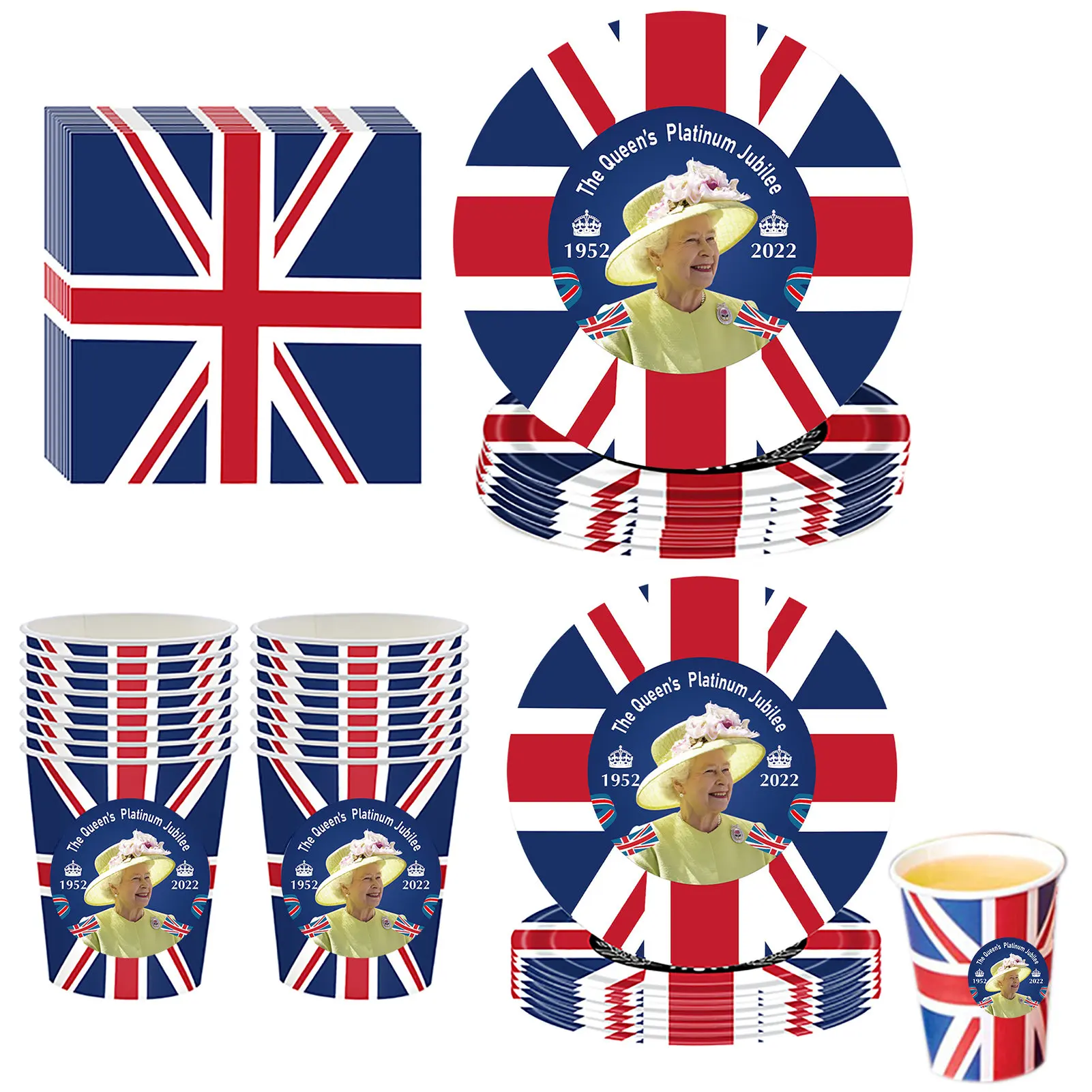 

114pcs Queen's Jubilee Dinnerware Set Queen's 70th Jubilee Paper Cups Plates Dinnerware Set Great Britain Bunting Flag Street