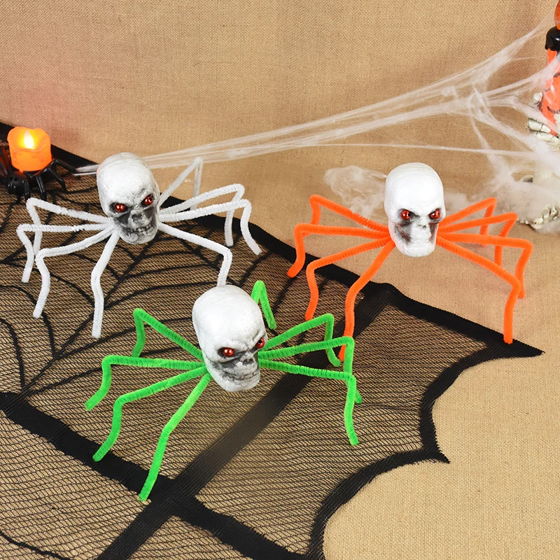 

Scary Spider Skull Skeleton Halloween Black Fake Hairy Spider Props Halloween Party Home Bar Decotations Haunted House Supplies