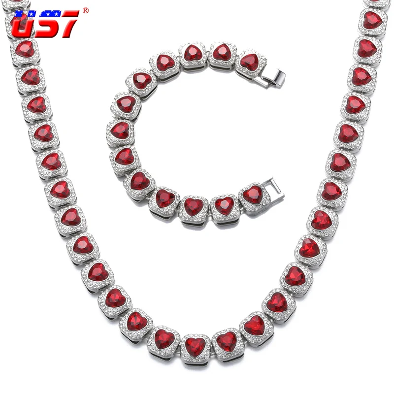 

Ожерелье US7 в стиле хип-хоп для мужчин и женщин, теннисная цепь 13 мм с красным сердцем, украшенное сверкающими камнями, модное колье с подвеск...
