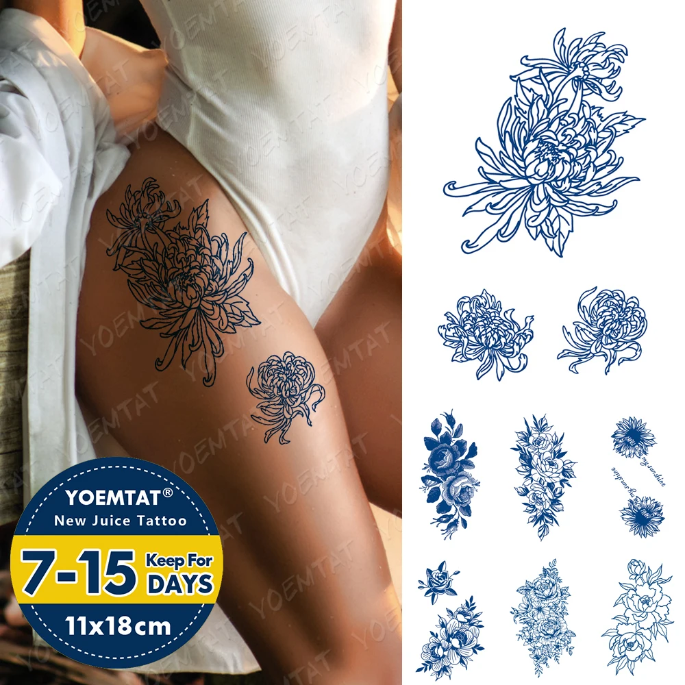 

Синий цветок чернила сок водостойкая временная татуировка наклейка роза хризантема боди-арт поддельные татуировки мужчины женщины длител...
